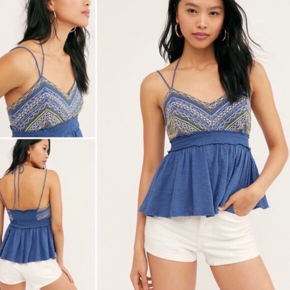 Free People blue spaghetti strap embroidered and beaded tank top size large - Picture 12 of 12
